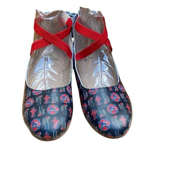 Monkey Feet Black Leather Firefighter Printed Strappy Ballet Flats Size 41 NEW - Picture 2 of 8